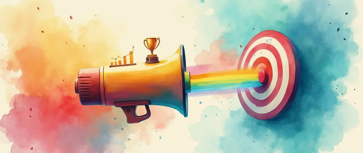 Uma pintura digital em aquarela de um megafone transmitindo raios coloridos em direção a um alvo, com um pequeno troféu e um gráfico se elevando acima dele. Composição simples com cores vibrantes mostrando objetivos de campanha publicitária. Atmosfera profissional, porém criativa.