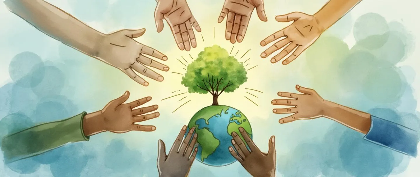 Uma pintura digital em aquarela de mãos diversas se unindo para formar um círculo ao redor de uma pequena árvore verde. Um globo terrestre está posicionado sob a árvore, com suaves raios de luz emanando para fora. Composição simples com tons suaves de azul e verde, transmitindo comunidade, sustentabilidade e responsabilidade social.