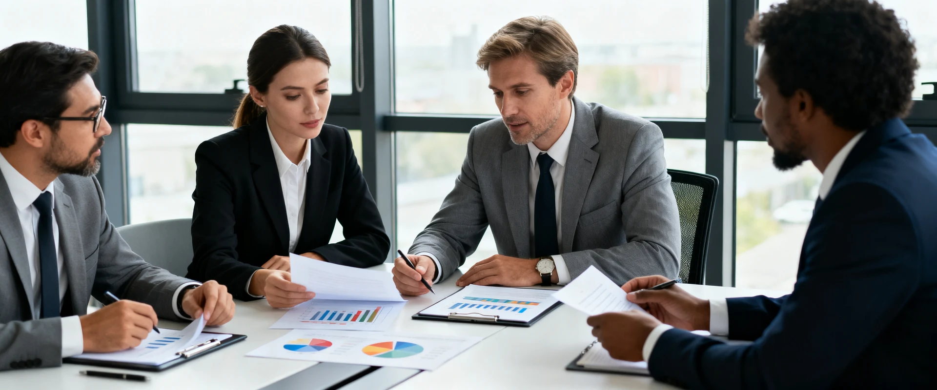 Consultoria de gestão: principais tipos e quando contratar Fotografia editorial ultra-realista de consultores de negócios em reunião estratégica com executivos ao redor de mesa de conferência moderna, analisando documentos e gráficos. Equipe diversa em traje executivo capturada em momento autêntico, com iluminação natural e foco nítido em alta resolução.