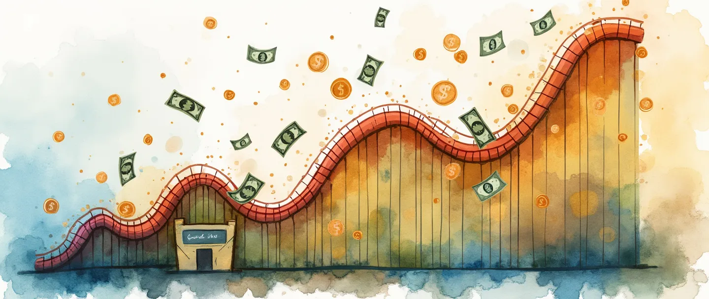 Uma pintura digital em aquarela de um gráfico semelhante a uma montanha-russa com dinheiro subindo e descendo ao longo de seu caminho. Uma pequena pasta de investimentos está na base enquanto moedas e notas flutuam ao seu redor. Composição simples com cores vibrantes mostrando a natureza imprevisível dos investimentos de renda variável.
