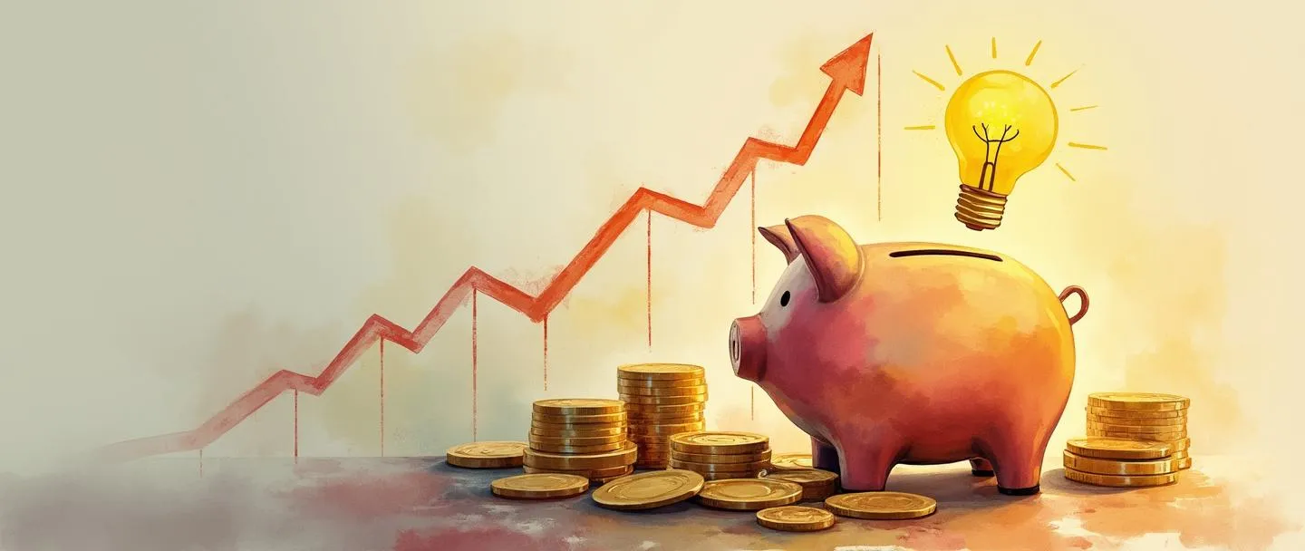 Uma pintura digital em aquarela de dinheiro e moedas fluindo para um cofre de porquinho dourado. Um gráfico simples ascendente se eleva atrás dele com uma lâmpada brilhante acima. Cores quentes, composição limpa, conceito de geração de receita.