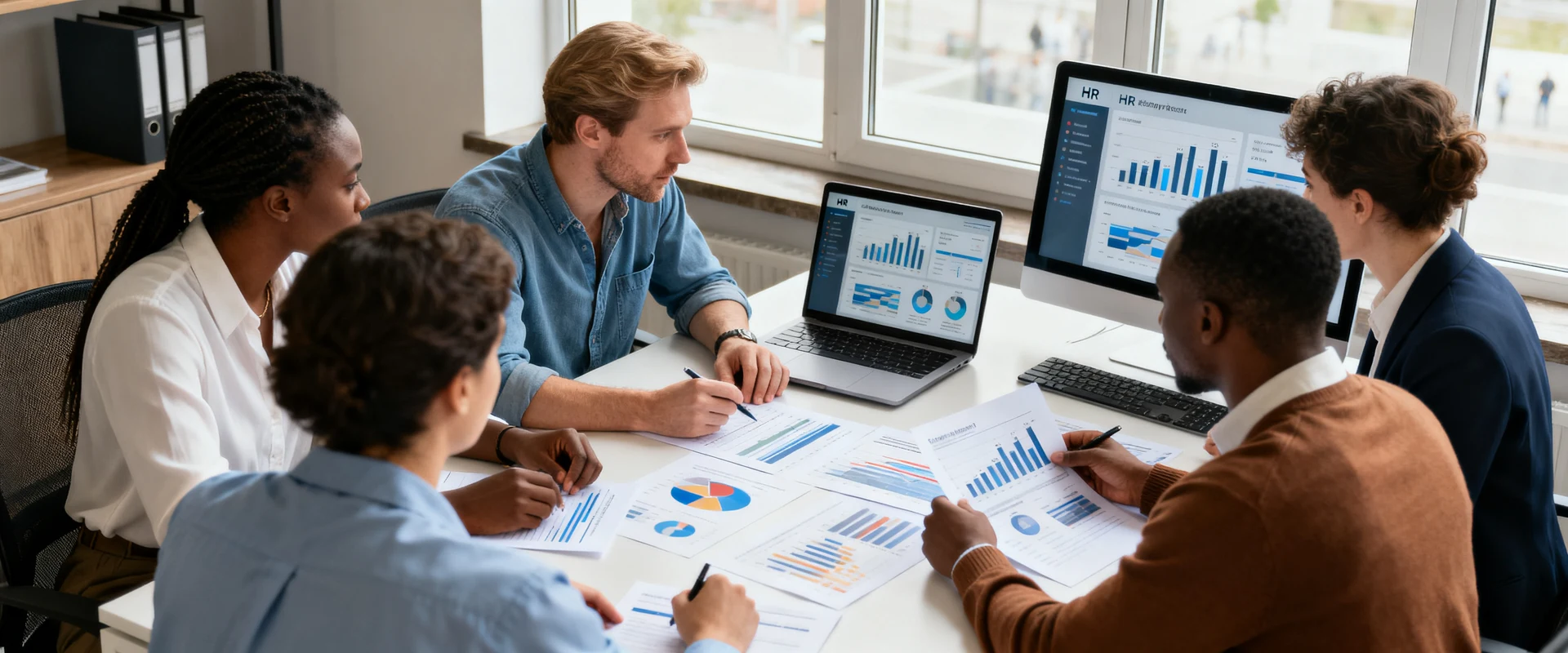 People Analytics: o que é, como usar dados para melhorar a gestão de pessoas Fotografia editorial ultra-realista de equipe de RH diversa analisando dashboards de dados de funcionários em laptop e gráficos impressos em escritório moderno, capturada com Canon EOS R5, luz natural, foco nítido e detalhes autênticos.