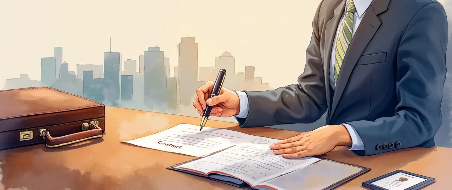 Uma pintura digital em aquarela de uma pessoa em traje formal assinando um contrato em uma mesa, com um aperto de mãos acontecendo próximo. Uma pasta, cartão de identificação e certificado estão visíveis na mesa. A cena é banhada em tons quentes e profissionais, com a silhueta de um simples edifício de escritórios ao fundo. Linhas limpas, detalhes mínimos, atmosfera profissional.