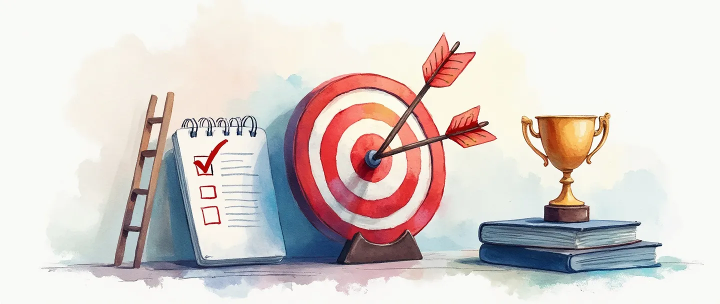 Uma pintura digital em aquarela de um alvo com um centro e uma flecha acertando o meio, cercado por um caderno com uma lista de verificação, um troféu e uma escada subindo. Composição simples com símbolos claros de conquista, progresso e planejamento. Cores suaves e profissionais transmitindo educação e desenvolvimento.
