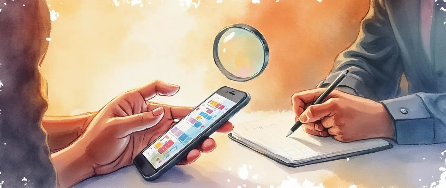 Uma pintura digital em aquarela de uma pessoa usando um smartphone enquanto outra pessoa observa e faz anotações. Uma lupa paira por perto, revelando padrões de interação do usuário. Composição simples e limpa com cores quentes destacando o ambiente de teste.