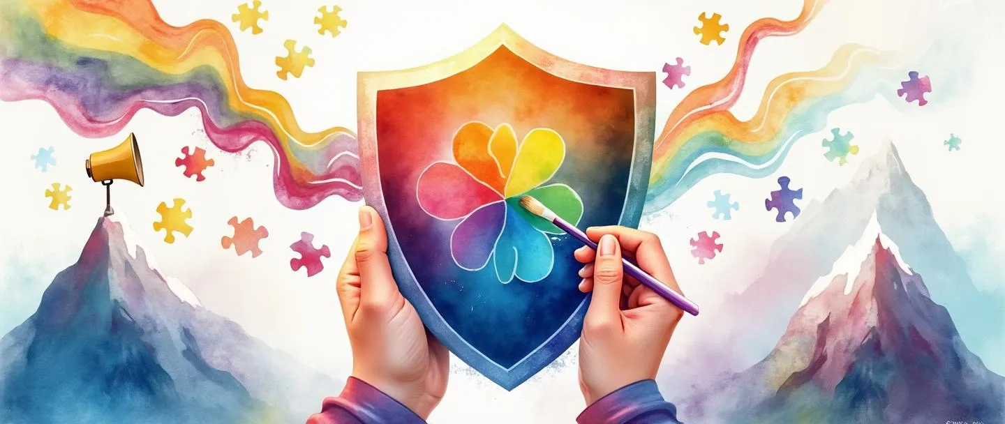 Uma pintura digital em aquarela de um escudo com um logotipo colorido de marca sendo cuidadosamente elaborado por mãos segurando um pincel. Ao redor do escudo estão peças de quebra-cabeça flutuantes e um pequeno megafone emitindo ondas coloridas. Uma bússola simplificada aponta para um pico de montanha distante, representando a direção e os objetivos da marca. Cores vibrantes, mas elegantes, composição limpa.