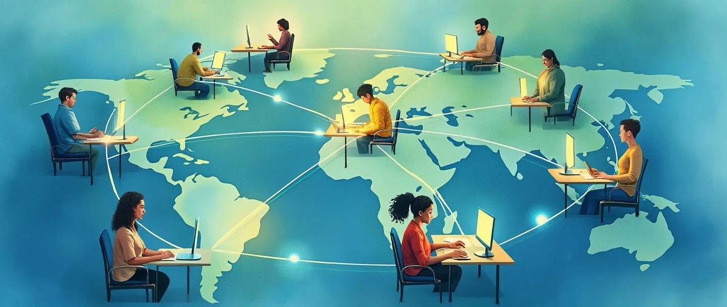 Tradução para português brasileiro:

Uma pintura digital em aquarela de pessoas diversas conectadas por linhas brilhantes ao redor de um globo, trabalhando em computadores e smartphones de diferentes locais. Algumas figuras são transparentes, sugerindo presença virtual. Composição simples com tons vibrantes de azul e verde, transmitindo colaboração digital e trabalho em equipe remoto.