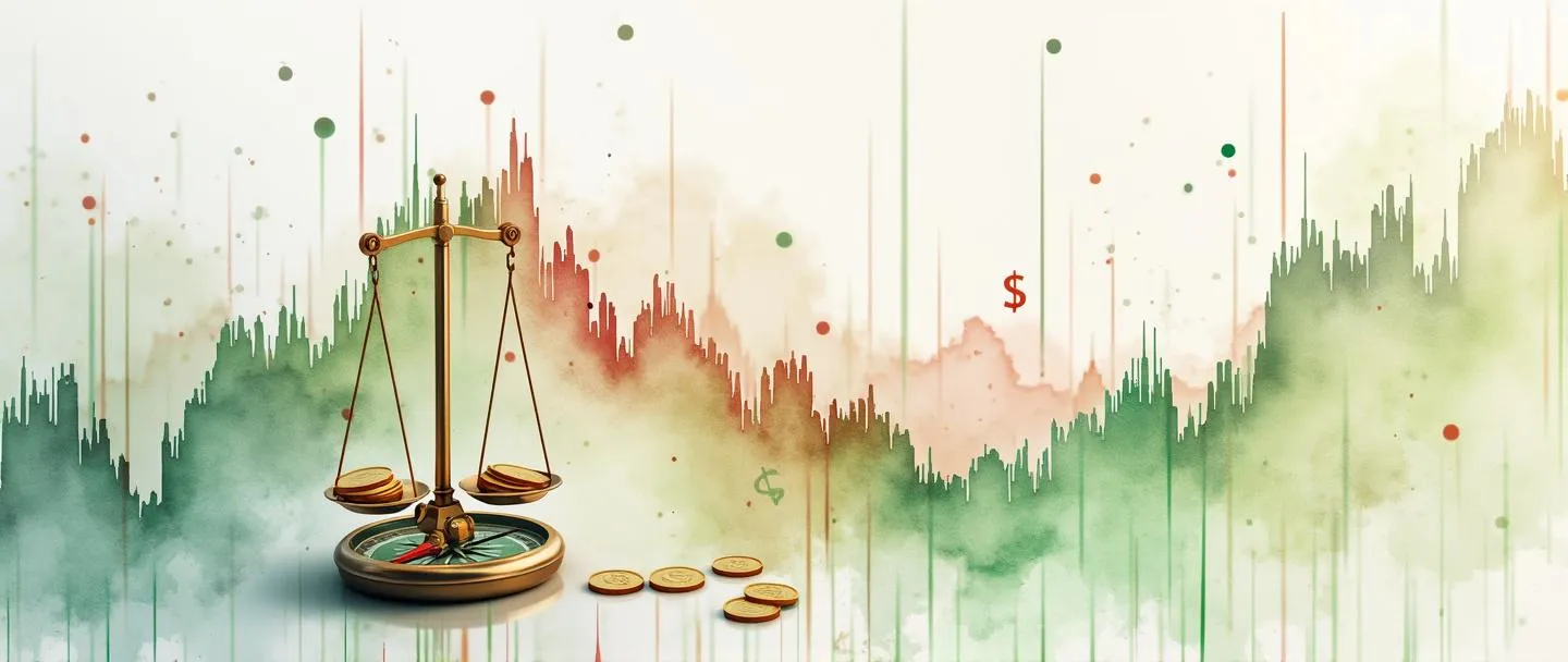 Uma pintura digital em aquarela de um gráfico do mercado de ações com suaves ondas de verde e vermelho, mostrando tendências tanto de alta quanto de baixa. Uma pequena bússola aponta em diferentes direções ao lado de uma simples balança segurando moedas de ouro. Fundo limpo com símbolos de moedas sutis flutuando no plano de fundo. Visualização elegante, informativa e conceitual sobre finanças.