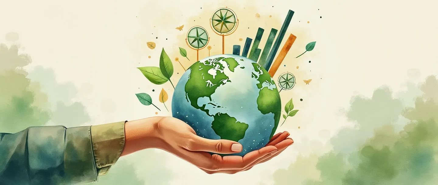 Uma pintura digital em aquarela de uma mão segurando um globo com símbolos verdes, sociais e de governança flutuando acima dele. Um gráfico de barras simples se eleva ao lado com métricas ESG. Uma bússola aponta para um futuro sustentável. Composição limpa com tons terrosos e acentos vibrantes.