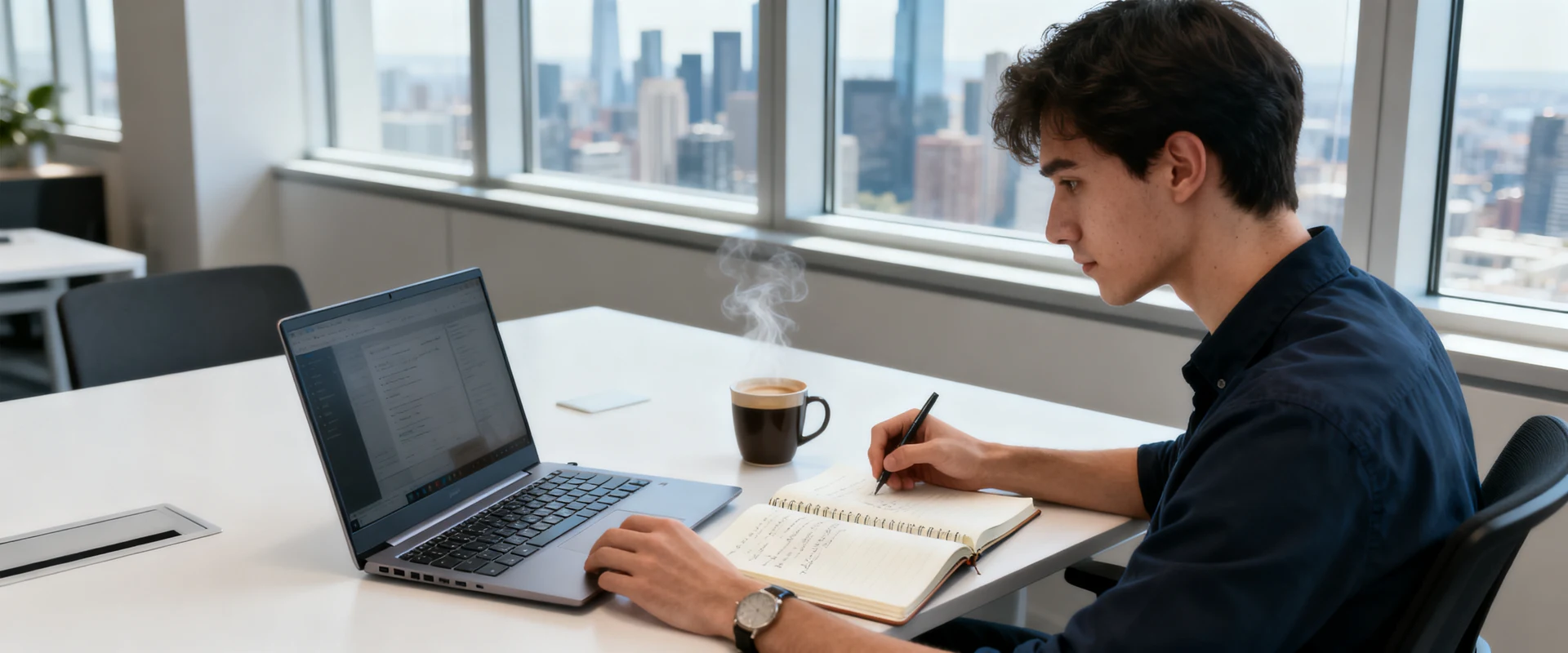 Jovem empreendedor trabalhando em laptop em escritório moderno de startup, planejando estratégia de negócios com notebook e café. Fotografia editorial ultra-realista com luz natural, foco nítido e detalhes autênticos capturados em Canon EOS R5.
