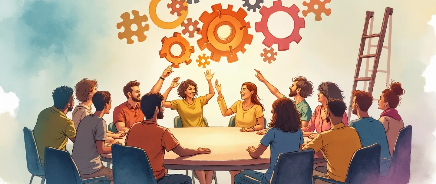 Uma pintura digital em aquarela de pessoas diversas sentadas ao redor de uma mesa circular, com suas mãos estendidas em direção ao centro onde peças de quebra-cabeça formam um círculo completo. Engrenagens flutuam acima, interconectadas e girando juntas. Uma escada está apoiada na mesa, sugerindo progresso ascendente. Cores vibrantes, atmosfera colaborativa, composição simples.