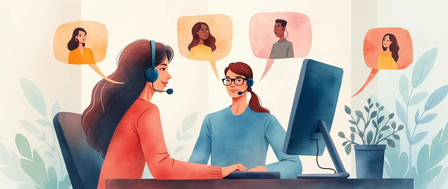 Uma pintura digital em aquarela de um representante de atendimento ao cliente usando um headset, sentado em frente a um computador, ajudando várias pessoas. Pequenos balões de fala flutuam ao redor mostrando comunicação. Um telefone se conecta a diferentes figuras estilizadas representando clientes. Cores quentes e acolhedoras com linhas simples e detalhes mínimos.