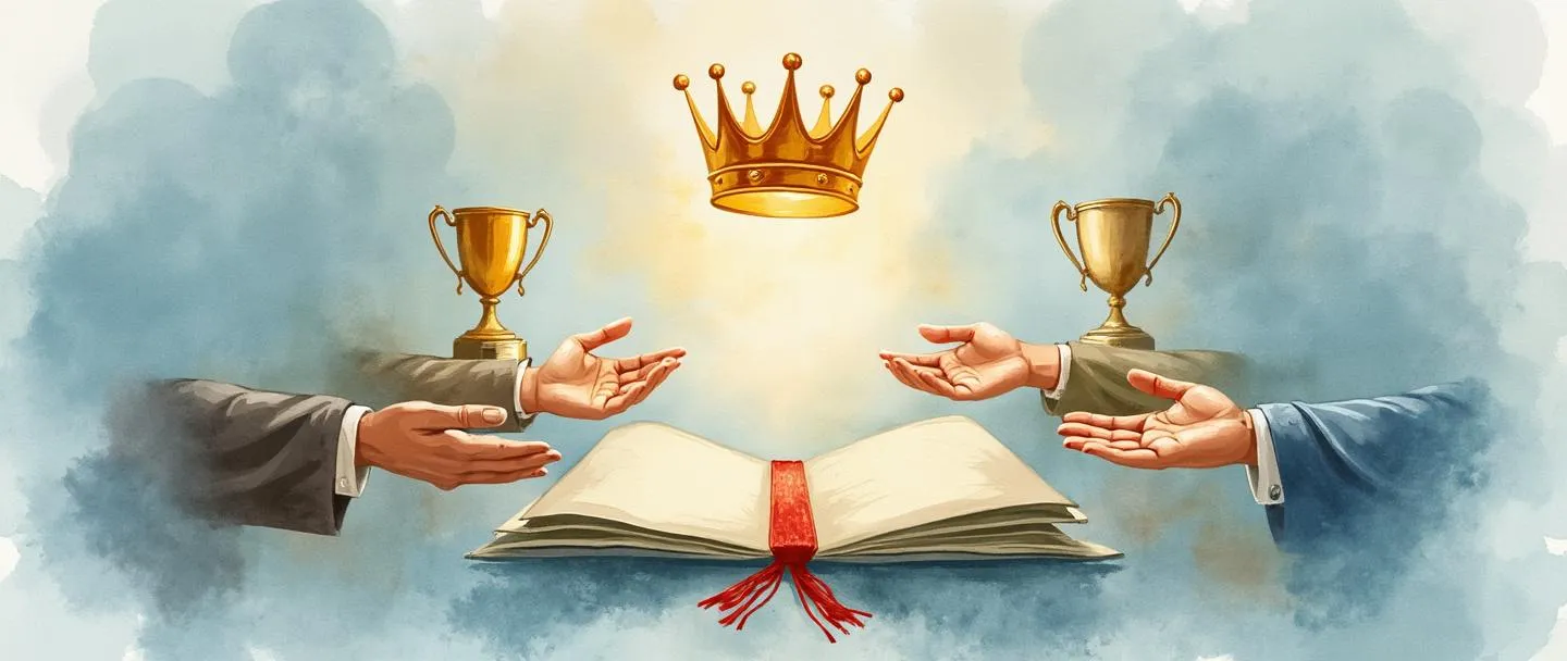 Uma pintura digital em aquarela de um diploma envolvido por um brilho suave, com uma coroa pairando acima dele. Apertos de mão formam um círculo ao redor do diploma, enquanto livros e troféus flutuam nas proximidades. Composição simples com pinceladas elegantes, usando tons suaves de azul e dourado para transmitir prestígio e reconhecimento social.