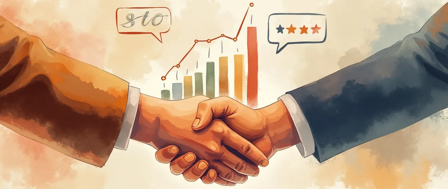 Uma pintura digital em aquarela de um aperto de mãos entre um vendedor e um cliente, com balões de fala contendo classificações por estrelas flutuando acima. Um gráfico de barras simples se eleva próximo, com uma lupa pairando sobre ele. Cores quentes e profissionais transmitindo confiança e melhoria.