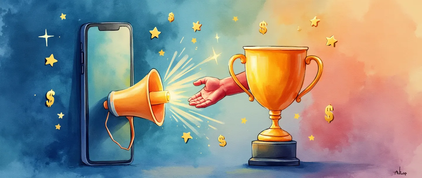 Uma pintura digital em aquarela de um smartphone conectado a um megafone por raios brilhantes, com um aperto de mãos entre o telefone e um troféu. Uma pequena rede de estrelas rodeia a composição, com símbolos sutis de dinheiro flutuando nas proximidades. Cores simples e vibrantes com um fundo limpo.