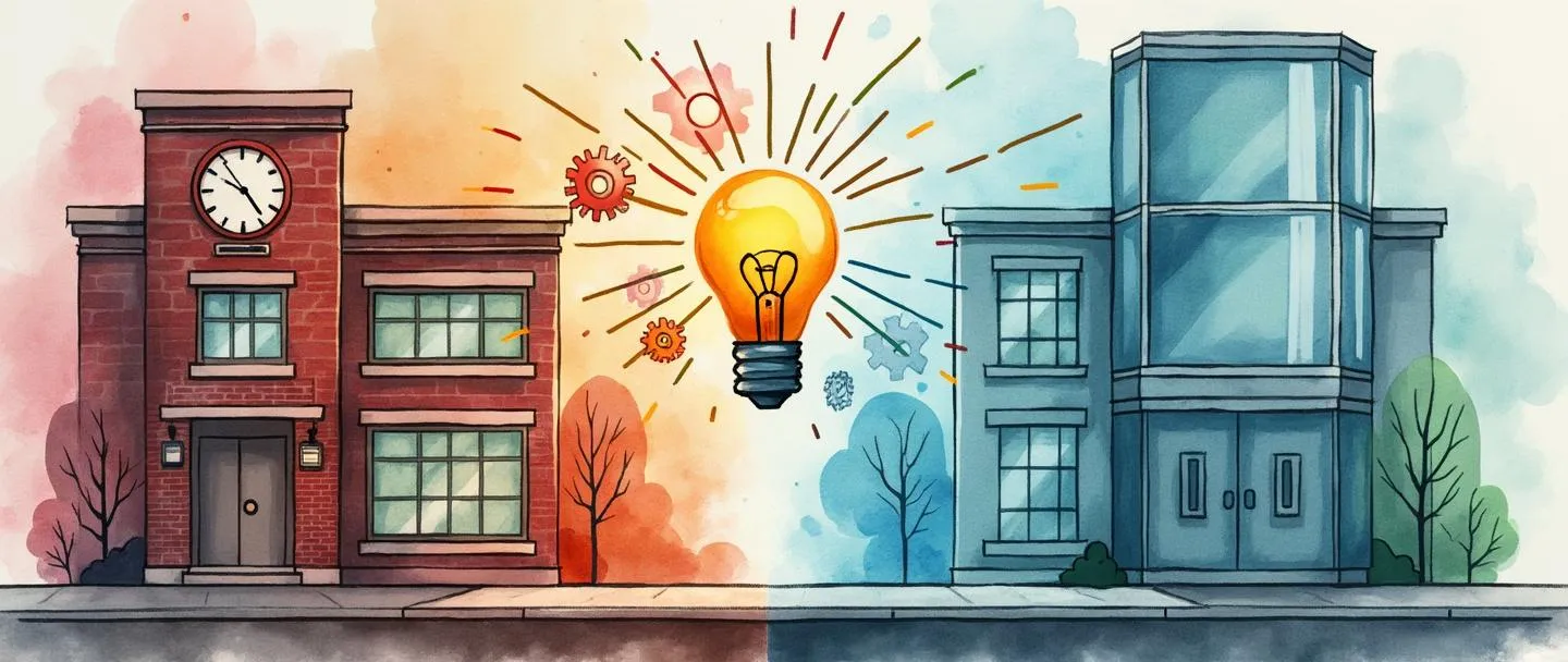 Uma pintura digital em aquarela de um edifício comercial em transformação - metade tradicional de tijolos com relógio analógico, a outra metade moderna de vidro com elementos digitais. Engrenagens flutuando entre os dois lados, com uma lâmpada acima emitindo raios coloridos. Composição simples com transição fluida do antigo para o novo.