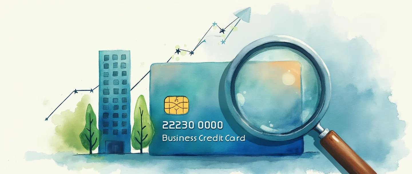 Uma pintura digital em aquarela de um cartão de crédito empresarial com uma pontuação numérica exibida de forma proeminente. Acima do cartão, um gráfico de barras simples se eleva com estrelas ou marcas de verificação indicando níveis de classificação. A silhueta de um pequeno edifício de escritórios aparece no fundo com uma lupa examinando-o. Paleta de cores limpa e profissional com tons de azul e verde sugerindo confiança e crescimento.