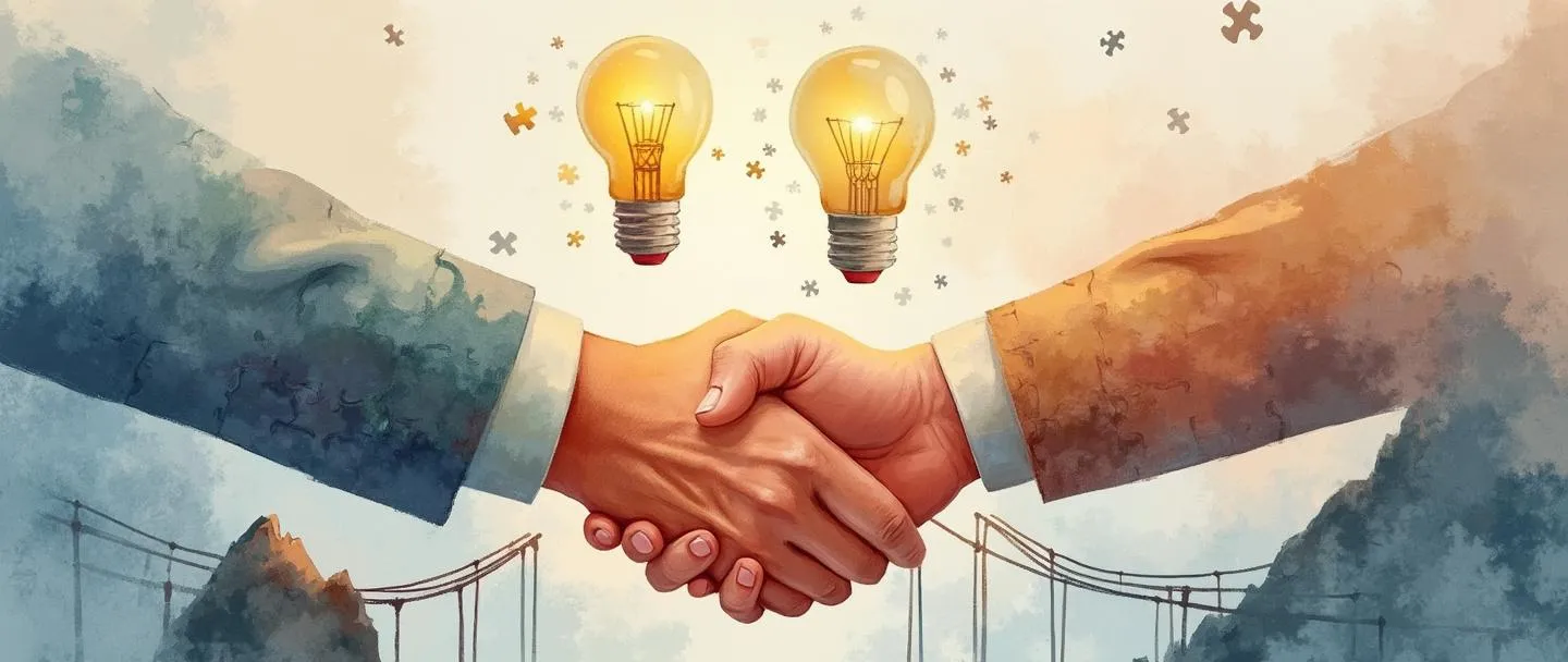 Uma pintura digital em aquarela de duas mãos em um aperto de mão, com lâmpadas suavemente brilhantes flutuando acima delas. Ao redor delas estão peças de quebra-cabeça se conectando perfeitamente. Uma pequena ponte conecta-se a um pico de montanha no fundo. Composição simples, cores quentes, enfatizando a conexão humana e as habilidades de resolução de problemas.