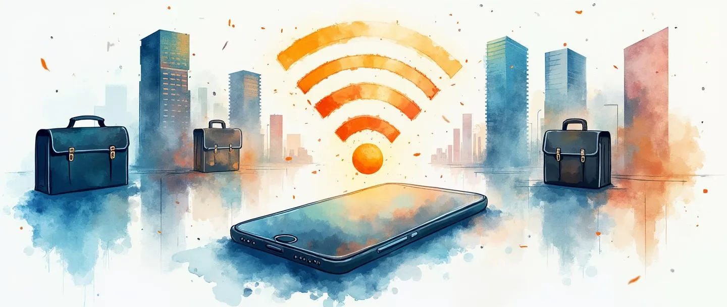 Uma pintura digital em aquarela de um smartphone emitindo ondas wifi coloridas que se conectam a várias maletas e edifícios de escritórios. Um pequeno diagrama de rede flutua acima, com um hub central ligado a vários dispositivos. Composição simples com tons vibrantes de azul e laranja, representando a conectividade corporativa.