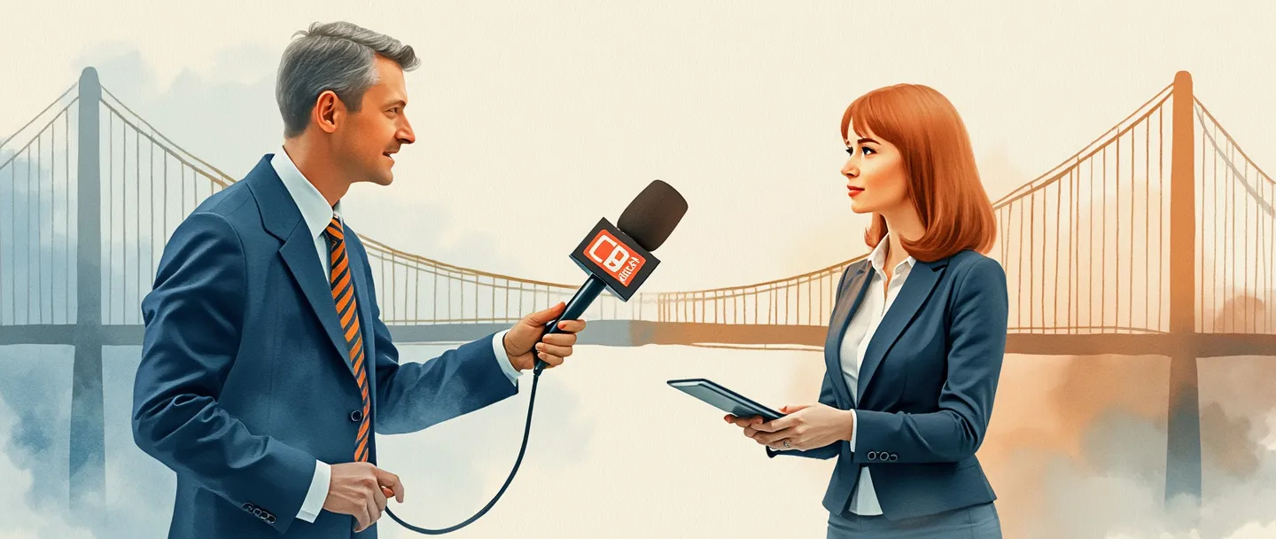 Uma pintura digital em aquarela de um jornalista segurando um microfone com o logotipo de um edifício de escritórios nele, entrevistando uma pessoa em traje social. Uma ponte os conecta, simbolizando a comunicação. Composição simples com linhas limpas e cores suaves, atmosfera profissional.