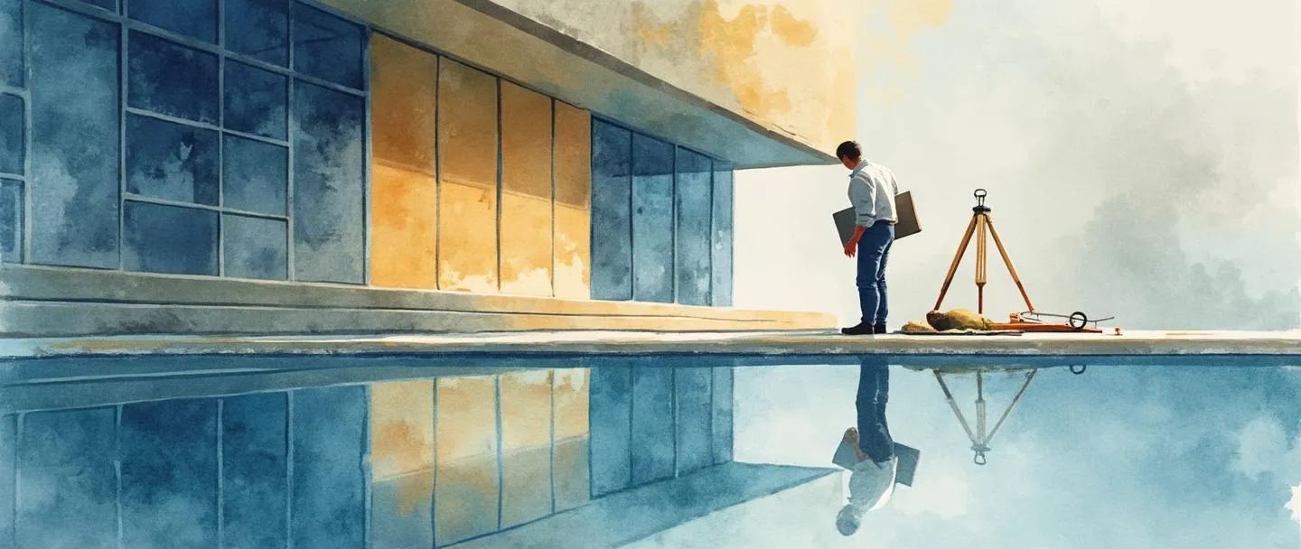 Uma pintura digital em aquarela de um profissional ajustando o reflexo de um edifício corporativo em uma piscina de água cristalina. Próximo, um pequeno portfólio e um pincel repousam ao lado de uma bússola. A cena é banhada em tons suaves de azul e dourado, representando a gestão da imagem institucional. Composição simples com pinceladas elegantes.