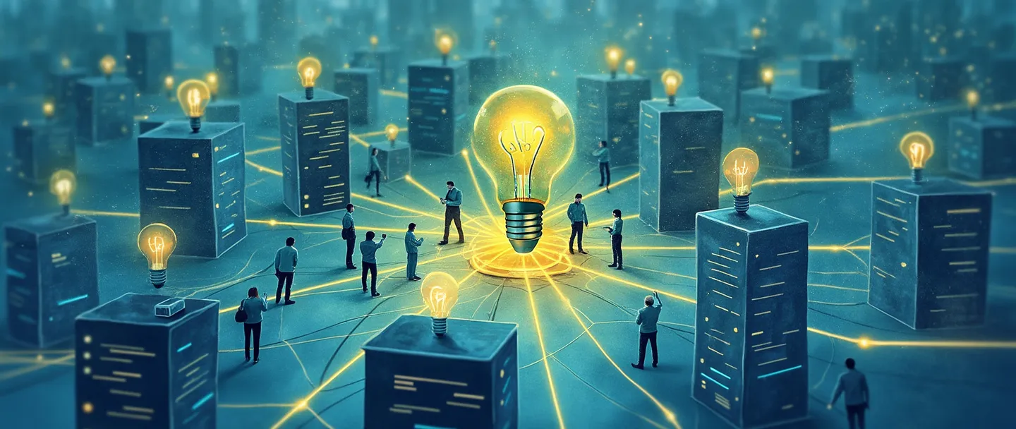 Uma pintura digital em aquarela de edifícios de escritórios interconectados formando um hub central, com linhas de rede brilhantes conectando-os. Pessoas estão trocando ideias representadas por lâmpadas, enquanto dispositivos digitais flutuam ao redor do hub. Composição simples com tons vibrantes de azul e verde, transmitindo conectividade corporativa e colaboração.
