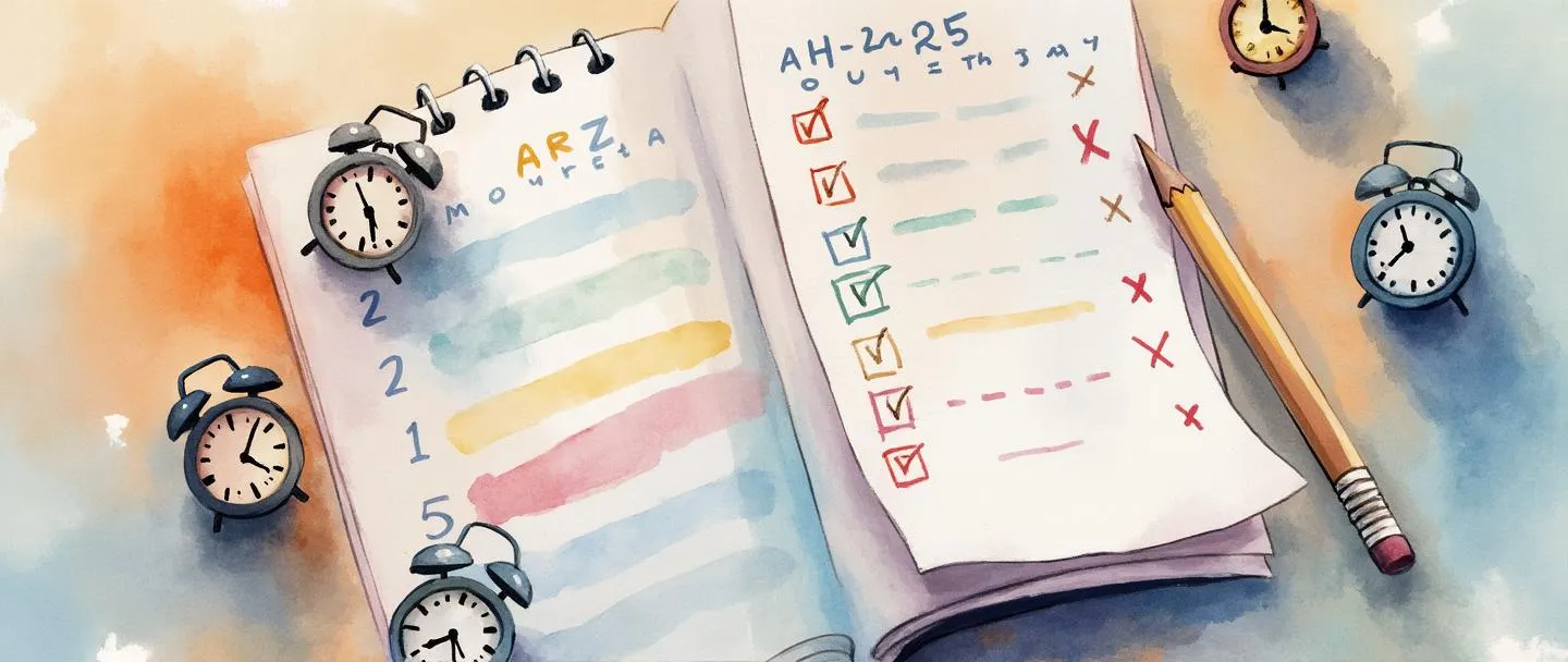 Uma pintura digital em aquarela de um calendário minimalista com datas e tarefas coloridas, cercado por pequenos relógios e um lápis marcando prazos importantes. Uma lista de tarefas emerge de uma página, com marcas de verificação nos itens concluídos. Composição simples com cores pastéis suaves transmitindo organização e gerenciamento de tempo.