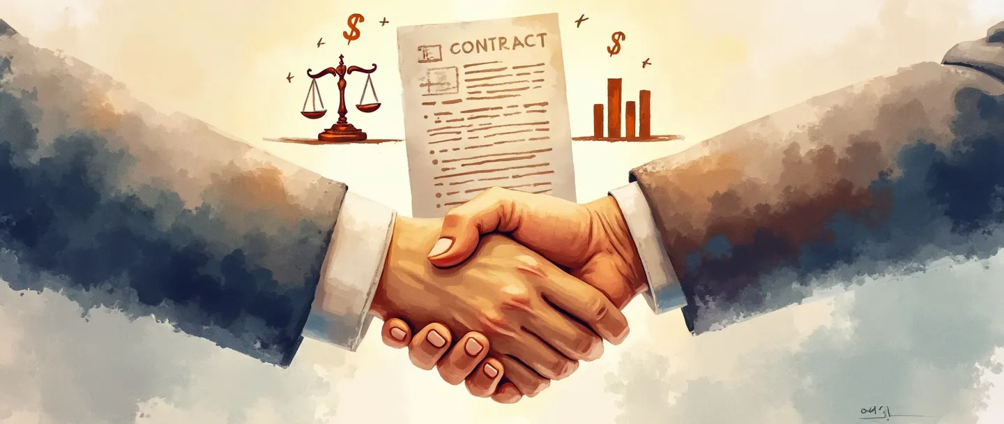 Uma pintura digital em aquarela de um aperto de mãos entre dois empresários com um documento de contrato flutuando entre eles. Símbolos de dinheiro e balanças da justiça pairam acima, enquanto um gráfico de barras simples se eleva no fundo. Composição limpa com tons quentes representando confiança e acordo comercial.