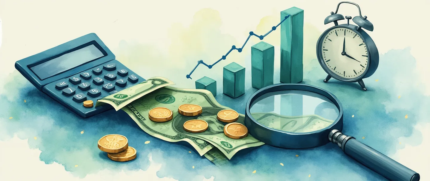 Uma pintura digital em aquarela de um rio fluindo de moedas e notas passando por uma lupa, com um gráfico de barras simples subindo acima. Uma calculadora está próxima enquanto um relógio suavemente marca o tempo no fundo. Composição limpa com tons de azul e verde transmitindo análise financeira.