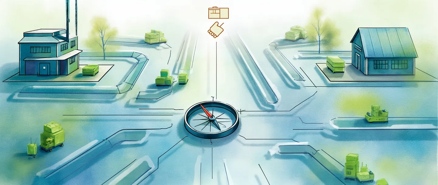 Uma pintura digital em aquarela de uma rede de canais fluidos conectando uma fábrica a várias lojas, com produtos flutuando ao longo desses caminhos de distribuição. Uma bússola guia o fluxo enquanto um símbolo de aperto de mãos aparece em pontos-chave de conexão. Composição simples com azuis e verdes vibrantes, transmitindo parcerias estratégicas de distribuição.