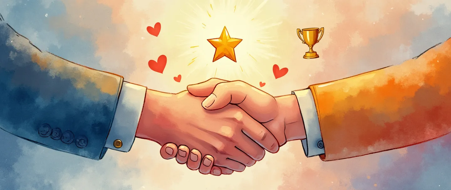 Uma pintura digital em aquarela de um cliente sorridente apertando as mãos de um profissional de negócios, com uma estrela brilhante acima deles. Um pequeno troféu e um símbolo de coração flutuam próximos, representando conquista e satisfação. Composição simples com cores quentes e convidativas que transmitem confiança e felicidade.