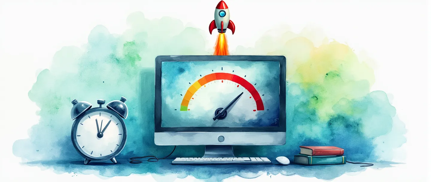 Uma pintura digital em aquarela de um computador com um velocímetro na tela, mostrando uma leitura de alta velocidade. Um foguete está decolando do topo do computador, deixando um rastro colorido. Um relógio com asas voa próximo, simbolizando tempos de carregamento rápidos. Composição simples com vibrantes tons de azul e verde, transmitindo a ideia de otimização de desempenho de websites.