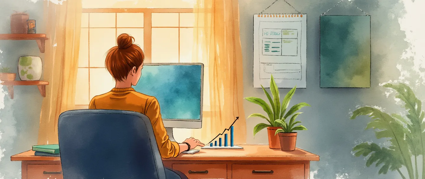 Uma pintura digital em aquarela de uma pessoa trabalhando em uma mesa de casa com um computador e smartphone, fazendo ligações de vendas. Um pequeno gráfico mostrando progresso ascendente está próximo, enquanto um calendário e uma lista de tarefas estão pendurados na parede. Composição simples com cores quentes transmitindo um ambiente de escritório de vendas doméstico profissional, porém confortável.