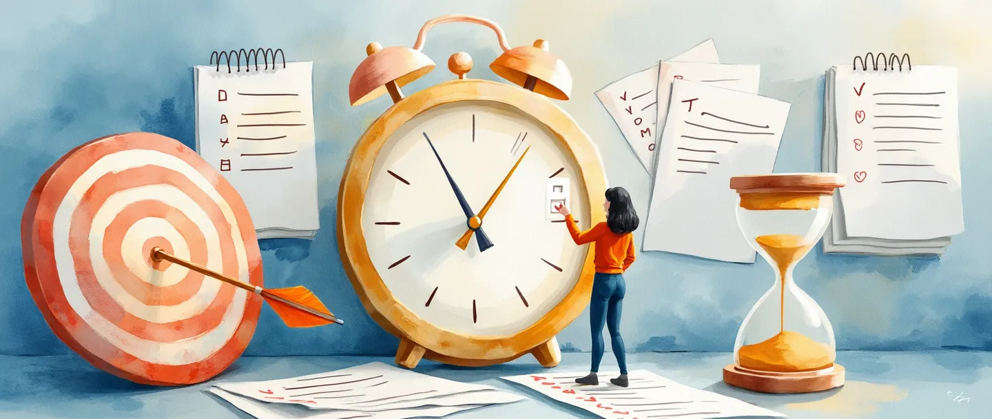 Uma pintura digital em aquarela de um relógio cercado por páginas de calendário organizadas, com uma pessoa verificando com confiança itens em uma lista de tarefas. Um alvo com uma flecha no centro está próximo, enquanto uma ampulheta mostra o tempo fluindo eficientemente. Composição simples com tons suaves de azul e dourados quentes, transmitindo sucesso na gestão do tempo.