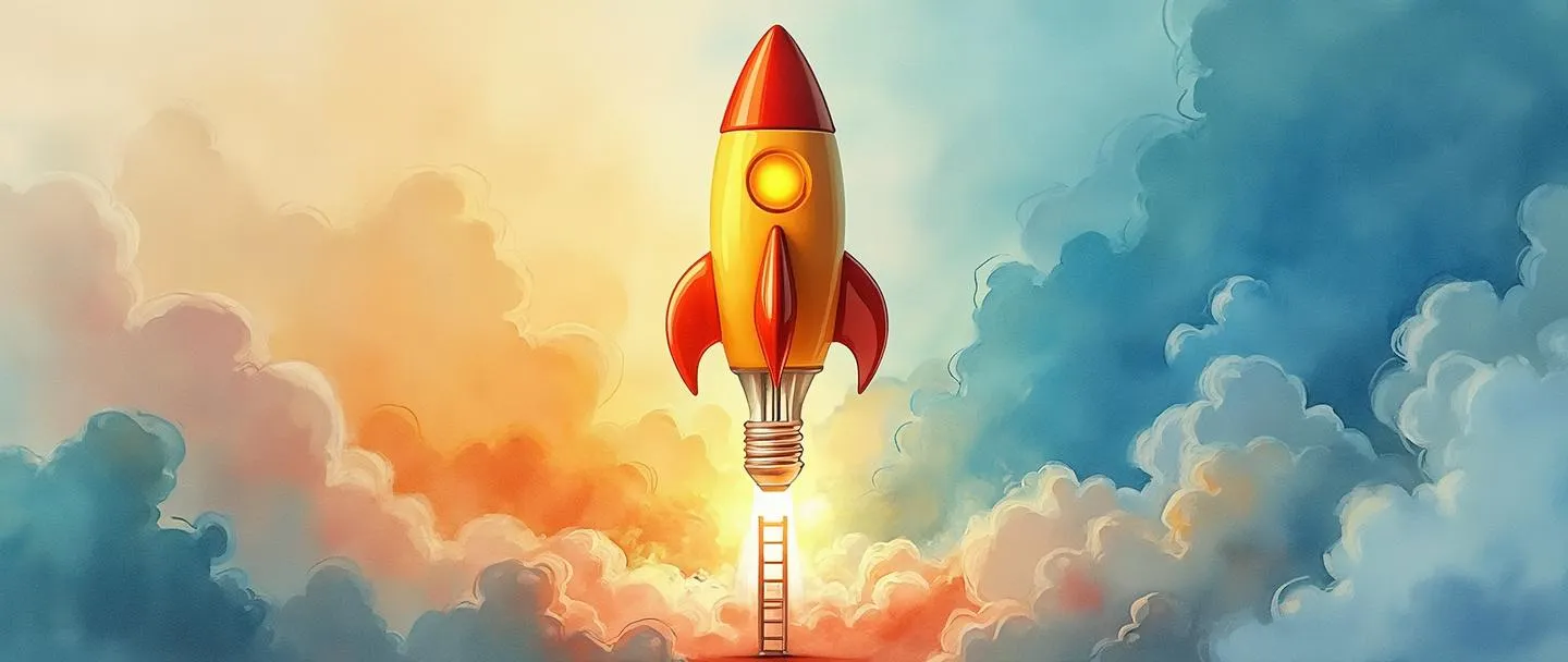 Uma pintura digital em aquarela de uma lâmpada se transformando em um foguete, cercada por suaves redemoinhos de energia colorida de inovação. Uma pequena escada conecta a base da lâmpada a uma plataforma de lançamento. Composição simples com cores vibrantes capturando o momento de descoberta inovadora.