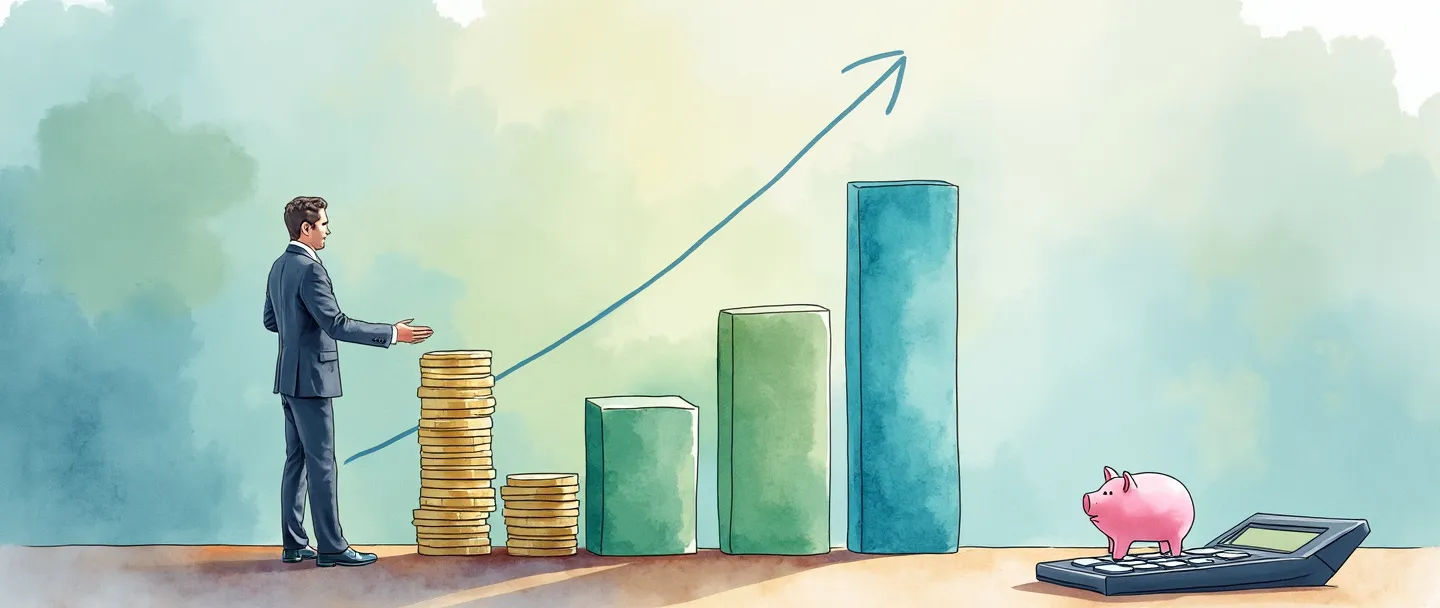 Uma pintura digital em aquarela de uma pessoa em traje de negócios equilibrando uma pilha de moedas em um gráfico de barras com tendência ascendente. Uma calculadora e um pequeno cofrinho estão próximos em uma mesa limpa. Composição simples com tons suaves de azul e verde, transmitindo gestão financeira e crescimento.