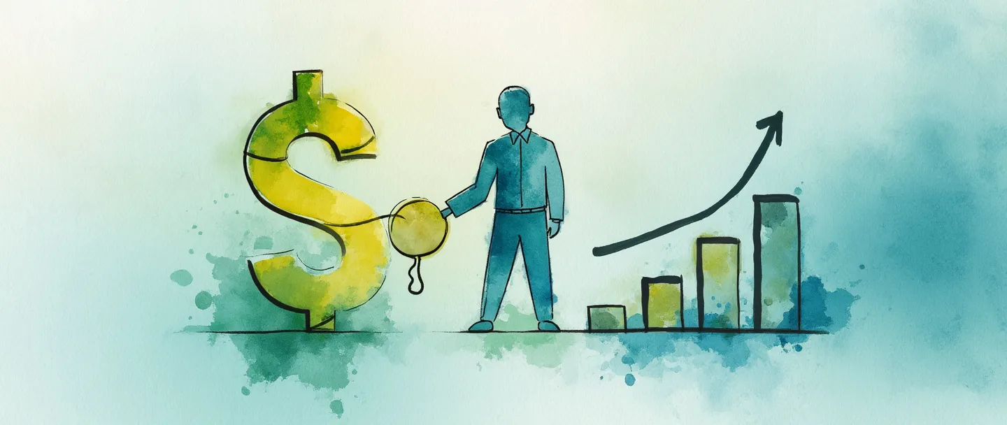 Uma pintura digital em aquarela de um cifrão com uma etiqueta de preço anexada, ao lado de um aperto de mão simplificado entre uma figura empresarial e a silhueta de um cliente. Um pequeno gráfico mostra o fluxo de aquisição de clientes com uma calculadora próxima. Estilo limpo e minimalista com tons suaves de azul e verde transmitindo conceitos de negócios.