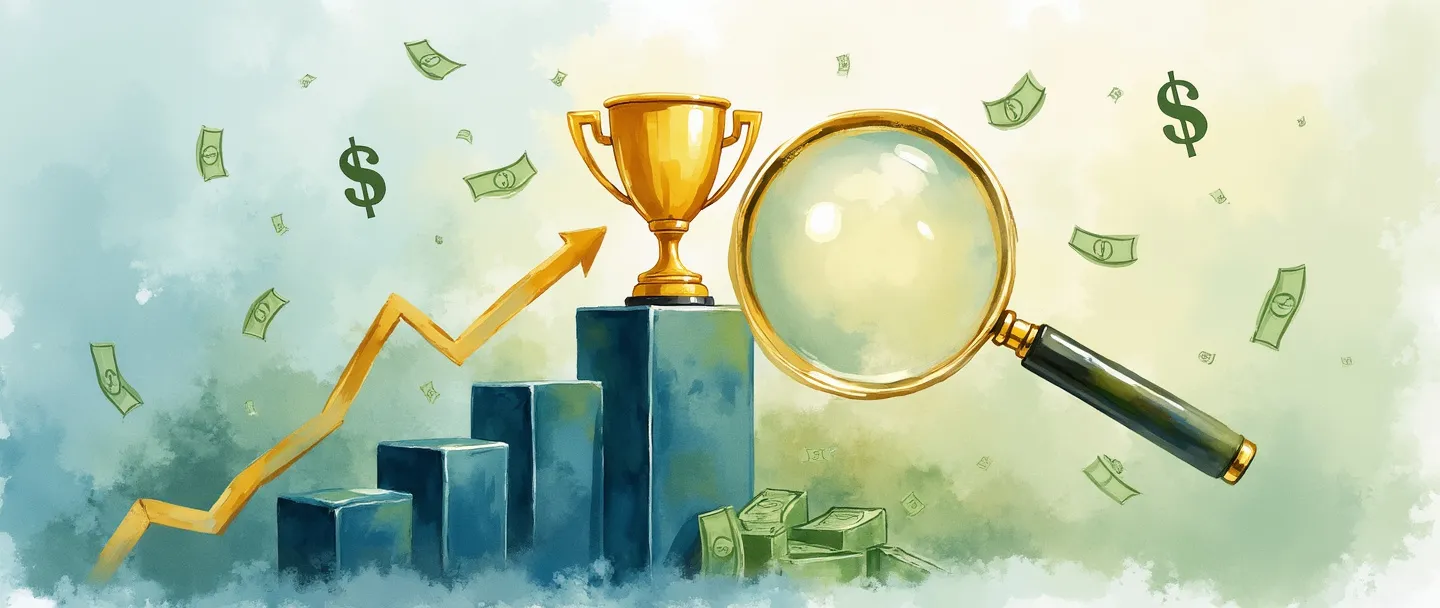 Uma pintura digital em aquarela de um gráfico de barras com tendência ascendente e um troféu dourado no topo. Símbolos de dinheiro flutuam ao redor enquanto uma lupa destaca a barra mais alta. Composição simples com tons suaves de azul e verde contrastando com acentos dourados, transmitindo sucesso financeiro e resultados de qualidade.