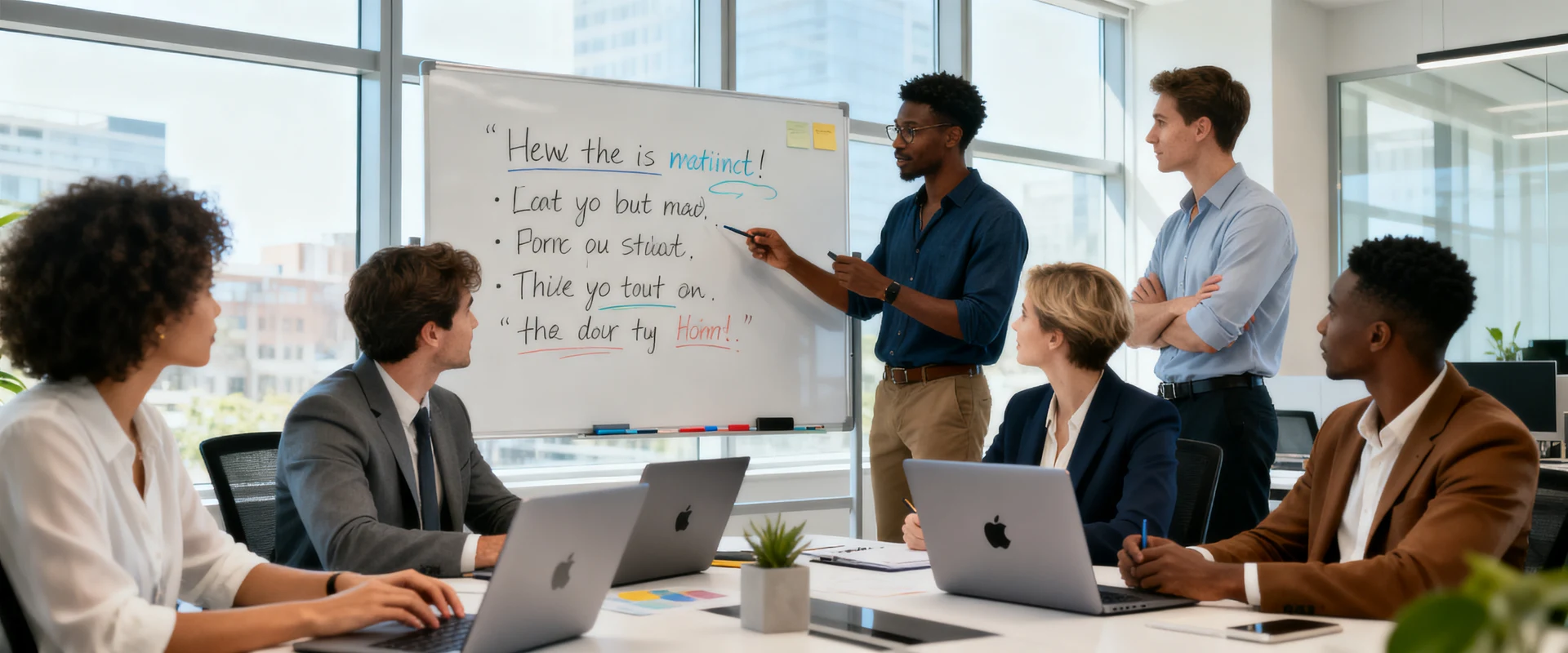 Equipe de vendas profissional em reunião estratégica analisando frases motivacionais em quadro branco, ambiente corporativo moderno com produtos Apple, fotografia documental autêntica em alta resolução capturada com Canon EOS R5, luz natural, foco nítido e detalhes precisos.