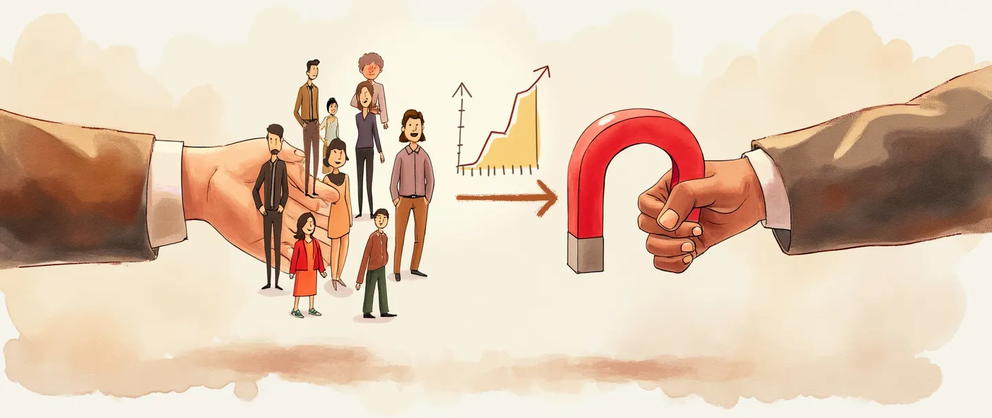 Uma pintura digital em aquarela de um aperto de mãos conectando-se a um ímã em forma de coração que está atraindo figuras estilizadas de clientes. Uma seta circular os envolve, simbolizando retenção. Um gráfico simples ascendente mostra valor crescente. Cores quentes, composição limpa, tema de fidelização de clientes.