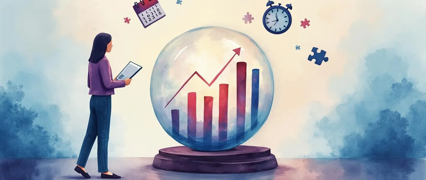 Uma pintura digital em aquarela de uma pessoa olhando através de uma bola de cristal que mostra gráficos de barras ascendentes e linhas de tendência. Um calendário e um relógio pairam nas proximidades, enquanto peças de quebra-cabeça formam uma ponte entre os dados do presente e as previsões futuras. Composição simples com tons suaves de azul e roxo, transmitindo o conceito de previsão de demanda.