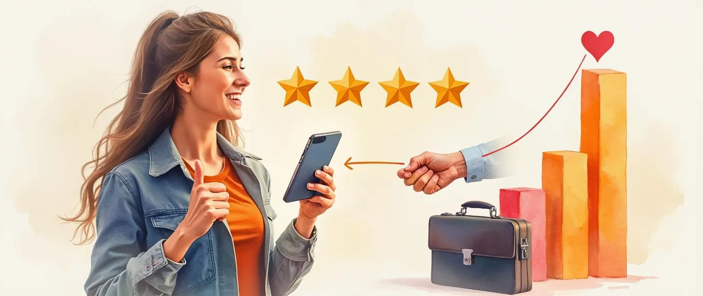 Uma pintura digital em aquarela de um cliente sorridente fazendo sinal de positivo enquanto olha para um smartphone exibindo uma avaliação de cinco estrelas. Um símbolo de aperto de mão conecta o cliente a uma pasta representando o serviço pós-venda. Um gráfico de barras simples sobe ao fundo, com um símbolo de coração no topo. Cores quentes e profissionais com um estilo limpo e minimalista.